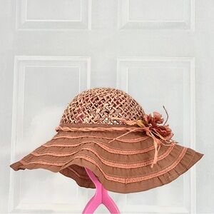 Wide Sun HAT natural wicker woven cloth 3D FLOWER VENTED MESH TOP FLOPPY nWOT